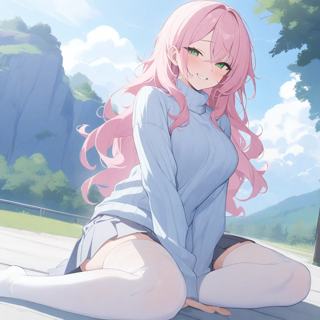 masterpiece, best quality, high quality, beautiful anime character, solo, anime girl with pink hair, messy hair, long hair, green eyes, slightly big breasts, mature female, tall female, big girl, thick, (mischievous smile, horny, blush), outdoors, (turtleneck sweater, pleated skirt), long sleeves, white thighhighs, sitting, full body,