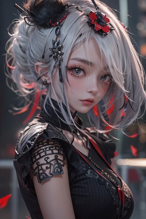 Highest quality、、masterpiece:1.3、Gothic Punk、The inner is red、Gray Black Hair、hair ornaments、beautiful girl、creative、Punk Shirt、Neogoth、Goth Fashion:1.2、High resolution、masterpiece、Highest quality、頭w:1.3、((Hasselblad Photos))、Fine skin、Sharp focus、(Cinema Lighting)、Explore Tokyo'The city at night beyond the neon lights, Forehead open, 17 years old、Petting'Hair back、Shoulder Bare、Small red rose tattoo on the décolletage、Just one tattoo