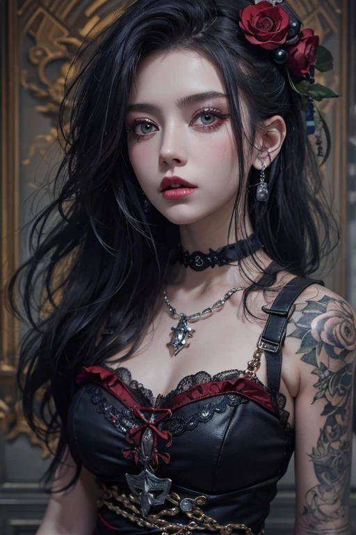 Highest quality、、masterpiece：1.3、Gothic Punk、The inner  is red、Gray Black Hair、hair ornaments、beautiful girl、creative、Punk Shirt、Neogoth、Goth Fashion：1.2、High resolution、masterpiece、Highest quality、頭w:1.3、((Hasselblad Photos))、Fine skin、Sharp focus、(Cinema Lighting)、Explore Tokyo&#39;The city at night beyond the neon lights, Forehead open, 、Petting&#39;Hair back、Shoulder Bare、Small red rose tattoo on the décolletage、Just one tattoo