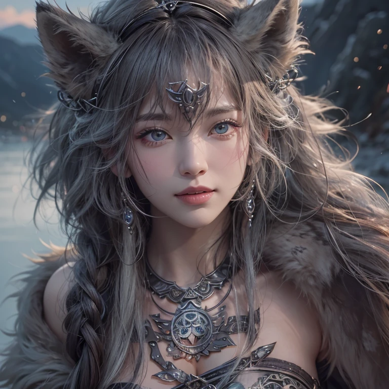Lakeside surrounded by snowy mountains、Hair flow、 ((Highest quality、masterpiece、8K、Best image quality、Ultra-high resolution、Award-winning works)、(Accurate :1.1)、(Look at me and smile:1.1)、Shining fair skin with Ultra-high resolution、The most detailed face、Ultra-high resolution detailed face、Ultra-high resolutionの髪の毛、(Ultra-high resolutionの煌めく瞳:1.1)、Beautiful face drawn in every detail、Ancient Viking clothing, Chest to chest, tattoo, A real wolf is by your side