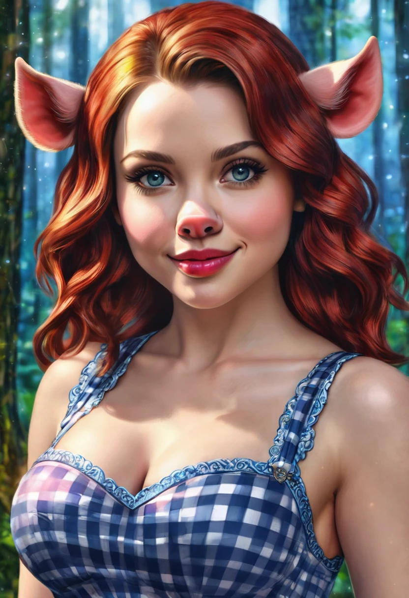 Create an illustrated, hand-drawn, full-color image of an humanoid, hybrid, anthropomorphic, sexy pig woman. The artwork should be rendered in the style of "Breath of the Wild," featuring warm lighting and shadows. Include graphite shading, stencil marks, and airbrushed acrylic paint effects. The image should be of the highest quality, a masterpiece with intricate details. cow nose, cow ears. The pig woman should have a female, humanoid, appearance. She should have luscious lips, a wide smile, and bright, expressive eyes, exuding beauty, cuteness, and adorableness. Ensure the image is high resolution and sharply detailed, with a detailed and vibrant background. Scarlett Johanson, Alison Brie, Dove Cameron Incorporate mystical lighting in the background, creating a romantic and enchanting atmosphere. gingham dress.
the overall theme and style should feel like. a hybrid of fairytale and Science Fiction. extremely beautiful model, 20 years old female, long bright fire red hair, hair that has a mettalic glimmer and sheen. realistic, perky breasts, cleavage,, oppulent jewel incrusted form fitting velvet yoga pants, oppulent jewel incrusted form fitting velvet shirt Wide Smile, Eyes Detailed & Wide, Dynamic Pose. Ultra HD, Rococo-Inspired Fantasy Art With Intricate Details. Cute, Charming Expression, Alluring-Gaze, looking at viewer Beautiful Eyes, An-Ideal-Figure. Large Youthful Well-Shaped-Breasts, Attractive ass showcased. Massive-Round-Bosom, Décolletage. slim waist, fit body, full lipsWarm lights , woman in a dreamy forest at night, with fluffy hair, delicate face, realistic, real, slim, large aperture, sexy shots, attractive poses,Stunnin gly beautiful merge of Scarlett Johanson. Alison Brie, Selena Gomez. symmetrical face, photorealistic, photography, path tracing, specular lighting, volumetric face light, path traced hairmaximum quality{(masutepiece) (8K High Resolution) (top-quality)