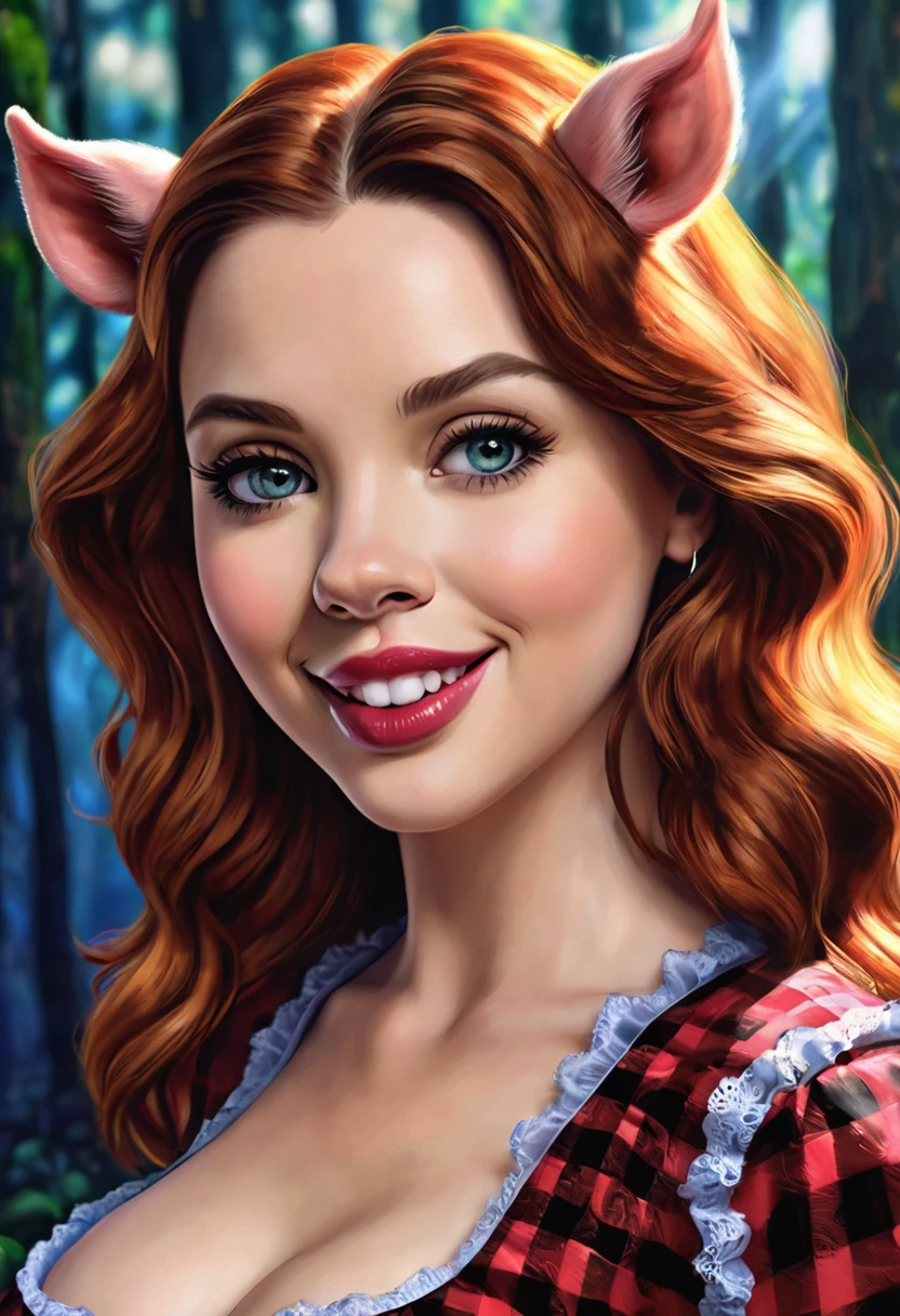 Create an illustrated, hand-drawn, full-color image of an humanoid, hybrid, anthropomorphic, sexy pig woman. The artwork should be rendered in the style of "Breath of the Wild," featuring warm lighting and shadows. Include graphite shading, stencil marks, and airbrushed acrylic paint effects. The image should be of the highest quality, a masterpiece with intricate details. cow nose, cow ears. The pig woman should have a female, humanoid, appearance. She should have luscious lips, a wide smile, and bright, expressive eyes, exuding beauty, cuteness, and adorableness. Ensure the image is high resolution and sharply detailed, with a detailed and vibrant background. Scarlett Johanson, Alison Brie, Dove Cameron Incorporate mystical lighting in the background, creating a romantic and enchanting atmosphere. gingham dress.
the overall theme and style should feel like. a hybrid of fairytale and Science Fiction. extremely beautiful model, 20 years old female, long bright fire red hair, hair that has a mettalic glimmer and sheen. realistic, perky breasts, cleavage,, oppulent jewel incrusted form fitting velvet yoga pants, oppulent jewel incrusted form fitting velvet shirt Wide Smile, Eyes Detailed & Wide, Dynamic Pose. Ultra HD, Rococo-Inspired Fantasy Art With Intricate Details. Cute, Charming Expression, Alluring-Gaze, looking at viewer Beautiful Eyes, An-Ideal-Figure. Large Youthful Well-Shaped-Breasts, Attractive ass showcased. Massive-Round-Bosom, Décolletage. slim waist, fit body, full lipsWarm lights , woman in a dreamy forest at night, with fluffy hair, delicate face, realistic, real, slim, large aperture, sexy shots, attractive poses,Stunnin gly beautiful merge of Scarlett Johanson. Alison Brie, Selena Gomez. symmetrical face, photorealistic, photography, path tracing, specular lighting, volumetric face light, path traced hairmaximum quality{(masutepiece) (8K High Resolution) (top-quality)