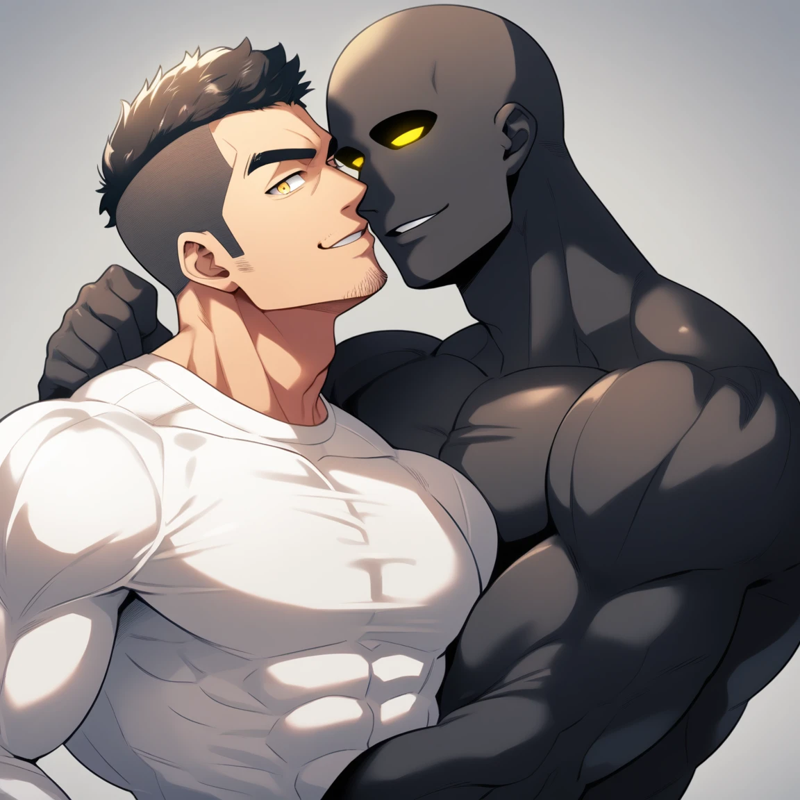anime characters：Two superheroes in tights, Muscle Sports Student and Muscle No Face No Eyes skinhead superhero, No Face，negro black skin, They hugged and kissed each other, Bite your neck, Caress, Manliness, male focus, Yellow and black high collar long sleeve tight T-shirt, Slightly transparent material, Very tight, Round, full and perky chest muscles, Muscle waist, Slightly transparent, muscular male, muscular, only, Upper body, alone, Black short hair, Thick eyebrows, stubble, Yellow eyes, Grey background, simple background, amazing quality, best aesthetics, Ridiculous, bright pupils, crew cut, parted lips, seductive smile, torogao, naughty face, drop shadow, best quality