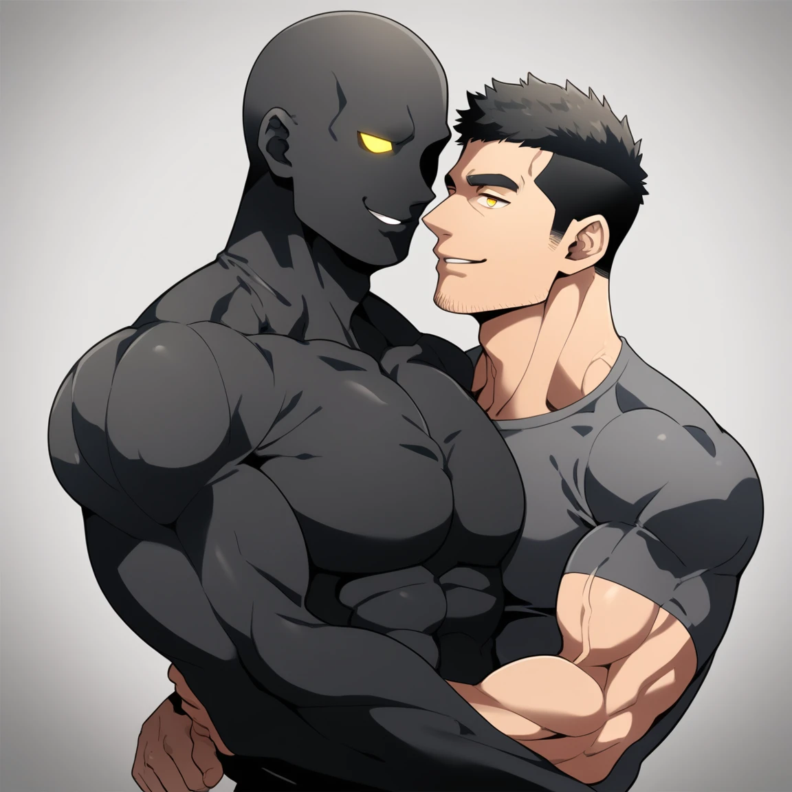 anime characters：Two superheroes in tights, Muscle Sports Student and Muscle No Face No Eyes skinhead superhero, No Face，negro black skin, They hugged and kissed each other, Bite your neck, Caress, Manliness, male focus, Yellow and black high collar long sleeve tight T-shirt, Slightly transparent material, Very tight, Round, full and perky chest muscles, Muscle waist, Slightly transparent, muscular male, muscular, only, Upper body, alone, Black short hair, Thick eyebrows, stubble, Yellow eyes, Grey background, simple background, amazing quality, best aesthetics, Ridiculous, bright pupils, crew cut, parted lips, seductive smile, torogao, naughty face, drop shadow, best quality