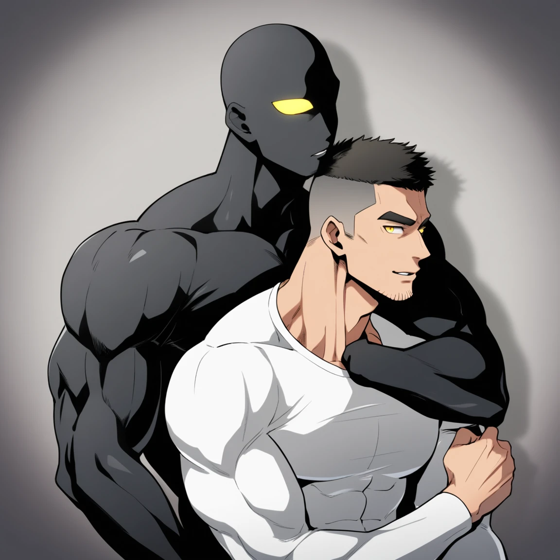 anime characters：Two superheroes in tights, Muscle Sports Student and Muscle No Face No Eyes skinhead superhero, No Face，negro black skin, They hugged and kissed each other, Bite your neck, Caress, Manliness, male focus, Yellow and black high collar long sleeve tight T-shirt, Slightly transparent material, Very tight, Round, full and perky chest muscles, Muscle waist, Slightly transparent, muscular male, muscular, only, Upper body, alone, Black short hair, Thick eyebrows, stubble, Yellow eyes, Grey background, simple background, amazing quality, best aesthetics, Ridiculous, bright pupils, crew cut, parted lips, seductive smile, torogao, naughty face, drop shadow, best quality