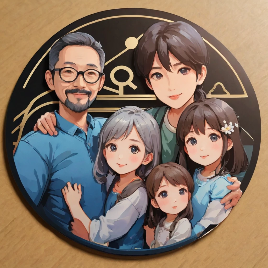 (sticker), (3D anime), ((family of 4 people)), father, mother, eldest daughter, youngest daughter,  fatherและmotherอยู่ด้านนอก, Two children were inside., (in circle background), Very detailed, Detailed diagram, is a vector, 8K, 专业sticker设计, graphic design, Vector Lines, sticker, Full HD, round family