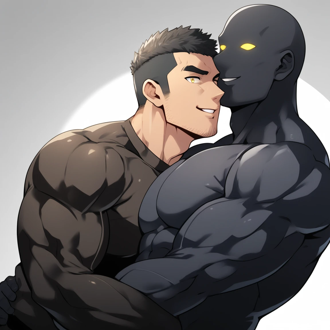 anime characters:Two superheroes in tights, Muscle Sports Student and Muscle No Face No Eyes skinhead superhero, No Face,negro black skin, They hugged and kissed each other, Bite your neck, Caress, Manliness, male focus, Yellow and black high collar long sleeve tight T-shirt, Slightly transparent material, Very tight, Round, full and perky chest muscles, Muscle waist, Slightly transparent, muscular male, muscular, only, Upper body, alone, Black short hair, Thick eyebrows, stubble, Yellow eyes, Grey background, simple background, amazing quality, best aesthetics, Ridiculous, bright pupils, crew cut, parted lips, seductive smile, torogao, naughty face, drop shadow, best quality