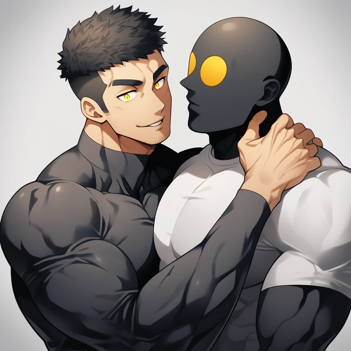 anime characters:Two superheroes in tights, Muscle Sports Student and Muscle No Face No Eyes skinhead superhero, No Face,negro black skin, They hugged and kissed each other, Bite your neck, Caress, Manliness, male focus, Yellow and black high collar long sleeve tight T-shirt, Slightly transparent material, Very tight, Round, full and perky chest muscles, Muscle waist, Slightly transparent, muscular male, muscular, only, Upper body, alone, Black short hair, Thick eyebrows, stubble, Yellow eyes, Grey background, simple background, amazing quality, best aesthetics, Ridiculous, bright pupils, crew cut, parted lips, seductive smile, torogao, naughty face, drop shadow, best quality