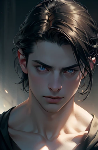 1male with black hair, blue eyes, and pale skin, 31 years old, (best quality,4k,8k,highres,masterpiece:1.2),ultra-detailed,(realistic,photorealistic,photo-realistic:1.37),cinematic lighting,dramatic lighting,intricate details,porcelain skin,elegant,serene,thoughtful expression,atmospheric,moody,dramatic shadows,chiaroscuro,neo-renaissance