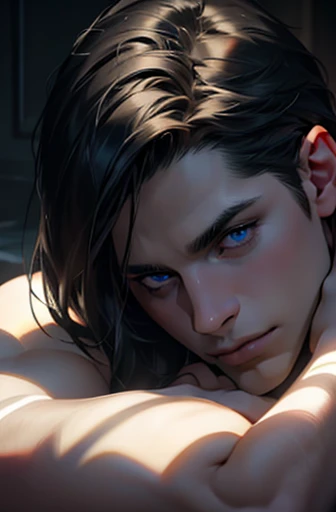 1male with black hair, blue eyes, and pale skin, 31 years old, (best quality,4k,8k,highres,masterpiece:1.2),ultra-detailed,(realistic,photorealistic,photo-realistic:1.37),cinematic lighting,dramatic lighting,intricate details,porcelain skin,elegant,serene,thoughtful expression,atmospheric,moody,dramatic shadows,chiaroscuro,neo-renaissance