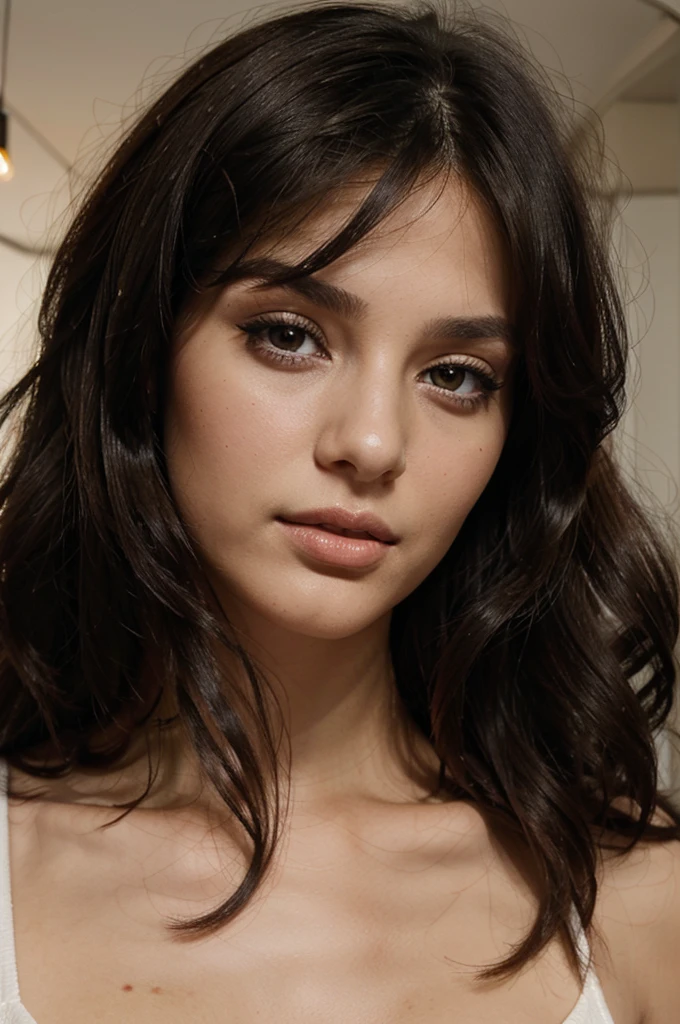 brunette woman, eyes black, age 25, blackquality hair, average beauty, medium size nose, seductive look