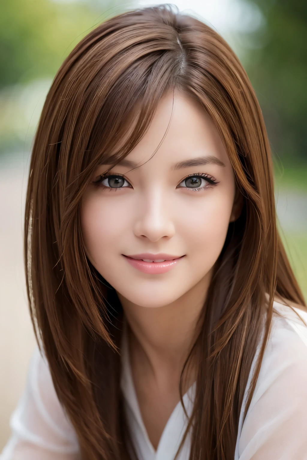 Highest quality, photoRealistic, 8K, High resolution, One girl, woman, (Skin Dentition), (Professional Lighting), (Portraiture:0.6), Designer clothing and accessories, nice, ((Brown Hair)), (Medium Hair:1.6), (Flowing Hair:1.4), (One girl eyes View your viewers:1), ((View your viewers:1.6)), (One girl looking at the camera), photoRealistic, (Bokeh), (I wore:0.6), (Dynamic pose:1.2), masterpiece, Complex, Realistic, Sharp focus, Award-winning photo, SFW, (smile:1),