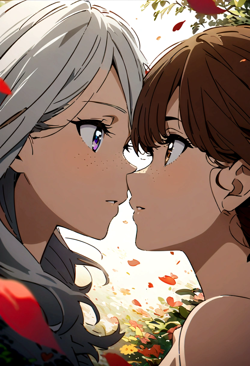 beautiful anime girls, two girls kissing, one girl has short wavy brown hair, the other has silver hair, freckles. Naked, small breasts, petals, dark eyelashes, perfect eyes, perfect face, intricate, intricate details, epic, character portrait, cinematic portrait, anime, anime art