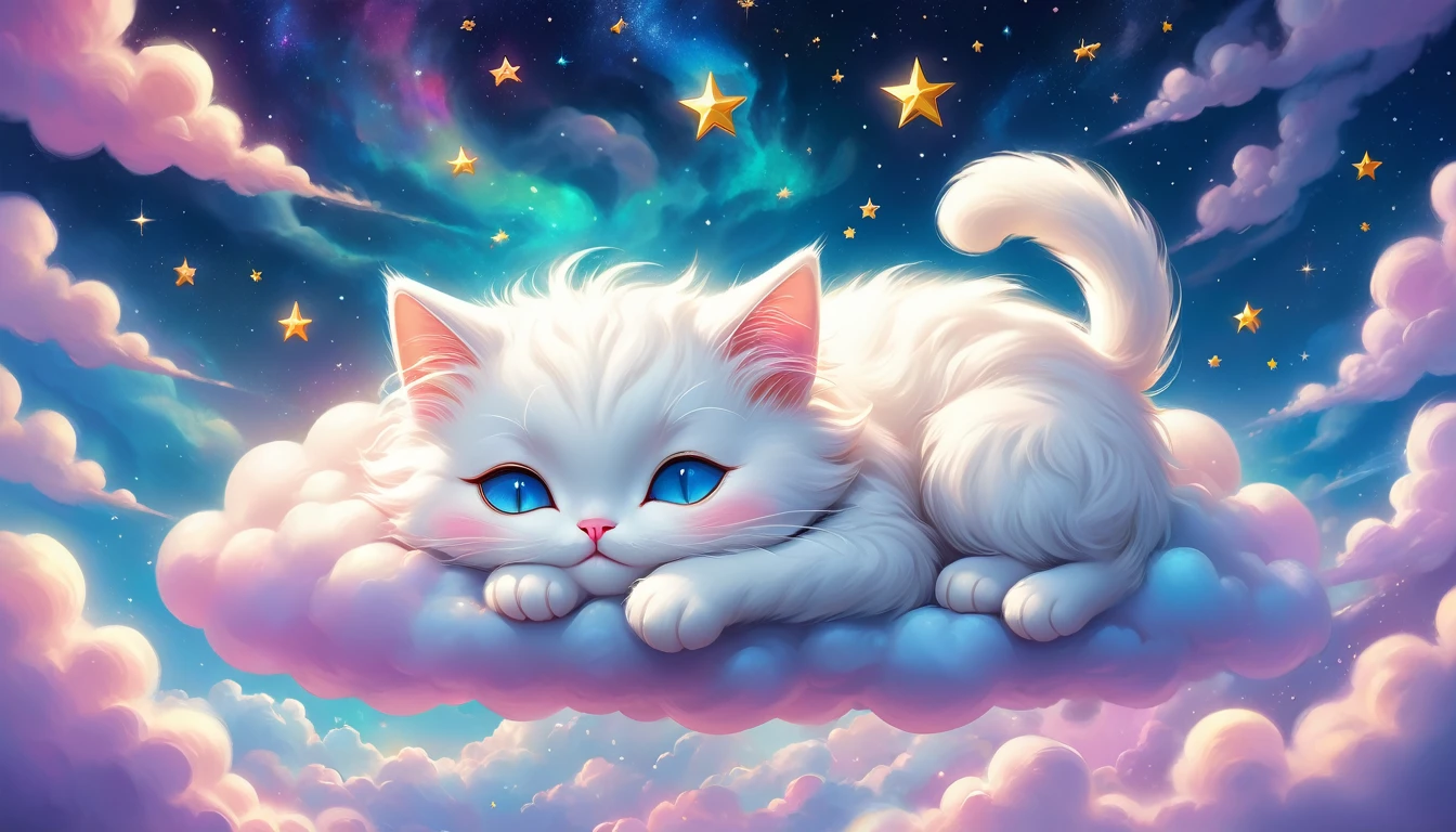 There is a white cat sleeping on a cloud with stars in the background, Dream animal cute eyes, Adorable digital painting, Beeple and Jeremiah Kettner, Cute and detailed digital art, Cute digital art, Lisa Frank, Lying in the fairyland of white clouds, Sweet dreams, A dreamlike night, Dreamy Art, Cute artwork, Dreamy scene, Fluffy and full of light, Dreamy illustration