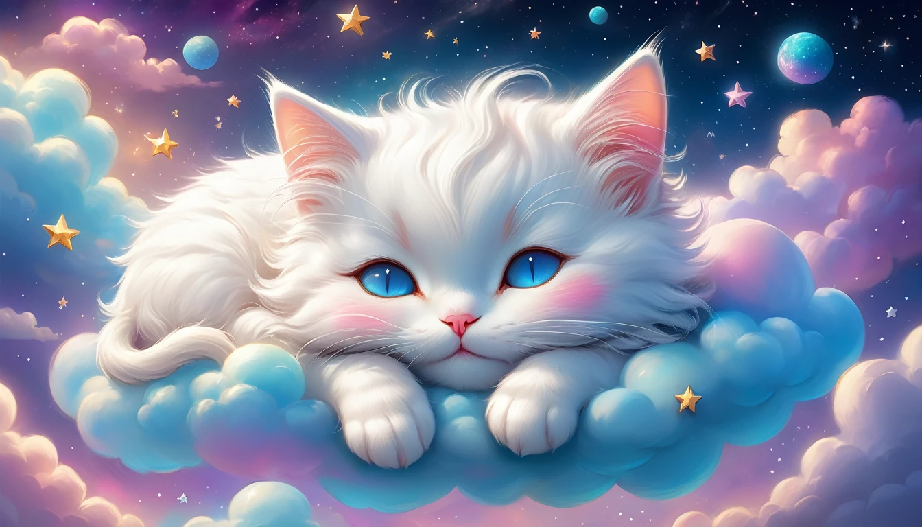 There is a white cat sleeping on a cloud with stars in the background, Dream animal cute eyes, Adorable digital painting, Beeple and Jeremiah Kettner, Cute and detailed digital art, Cute digital art, Lisa Frank, Lying in the fairyland of white clouds, Sweet dreams, A dreamlike night, Dreamy Art, Cute artwork, Dreamy scene, Fluffy and full of light, Dreamy illustration