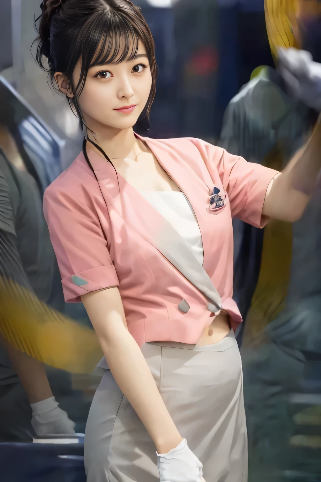 Showing your belly button、(masterpiece:1.2, Highest quality:1.2), 32k HDR, High resolution, (alone、1 girl)、 (Height: 160cm)、(On the rooftop of a building in the daytime、Professional Lighting)、Building rooftop background、(Nankai train crew uniform pinkを着たリアルスタイル)、(Nankai train crew uniform pink short sleeve collarless pink jacket、Nankai Train Crew Uniform Pink Collarless Short Sleeve Blouse、Nankai Train Crew Uniform Pink Grey Knee-length Culottes)、(The pink jacket is showing from the culottes.)、Dark brown hair、(Hair tied up、Hair tied up、Evening curly hairstyle)、Dark brown hair、Long Shot、Big Breasts、Thin legs、((Great hands:2.0)),((Harmonious body proportions:1.5)),((Normal limbs:2.0)),((Normal finger:2.0)),((Delicate eyes:2.0)),((Normal eyes:2.0)))、smile、(Nankai Train Crew Uniform Pink Grey Knee-length Culottesを見せた美しい歩く姿)、Place your hands around your stomach