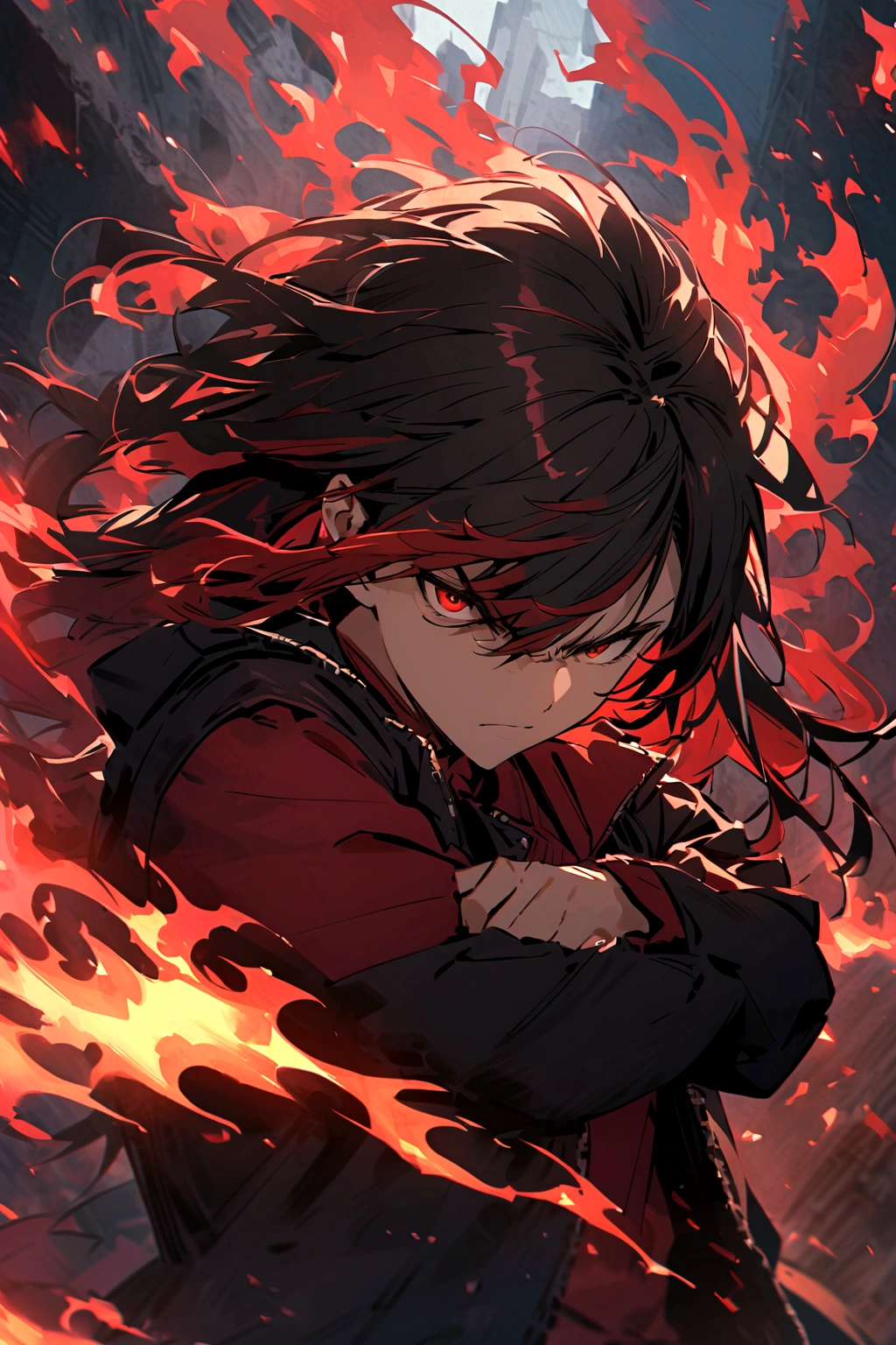 (absurdres, highres, ultra detailed, HDR), master piece, best quality, male teenager, very curly hair and a long ponytail behind his head, blue-ish black hair, vibrant red eyes, Naruto Shippuden