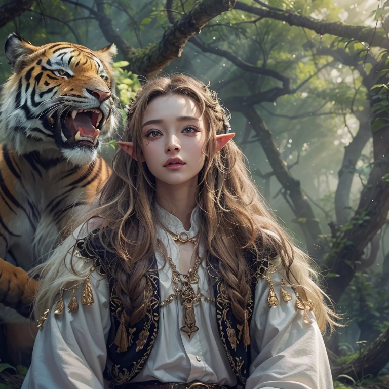 Hair flow、 ((Highest quality、masterpiece、8K、Best image quality、Ultra-high resolution、Award-winning works)、(Accurate anatomy:1.1)、(Look at me and smile:1.1)、Shining fair skin with Ultra-high resolution、The most detailed face、Ultra-high resolution detailed face、Ultra-high resolutionのblond hair、(Ultra-high resolution eye:1.1)、Beautiful face drawn in every detail、Georgian traditional costume , Chest to chest, Strange atmosphere, Next to him stands a real sabre-toothed tiger, Dark Light, in the forest , Heavy makeup、Elf Ears、