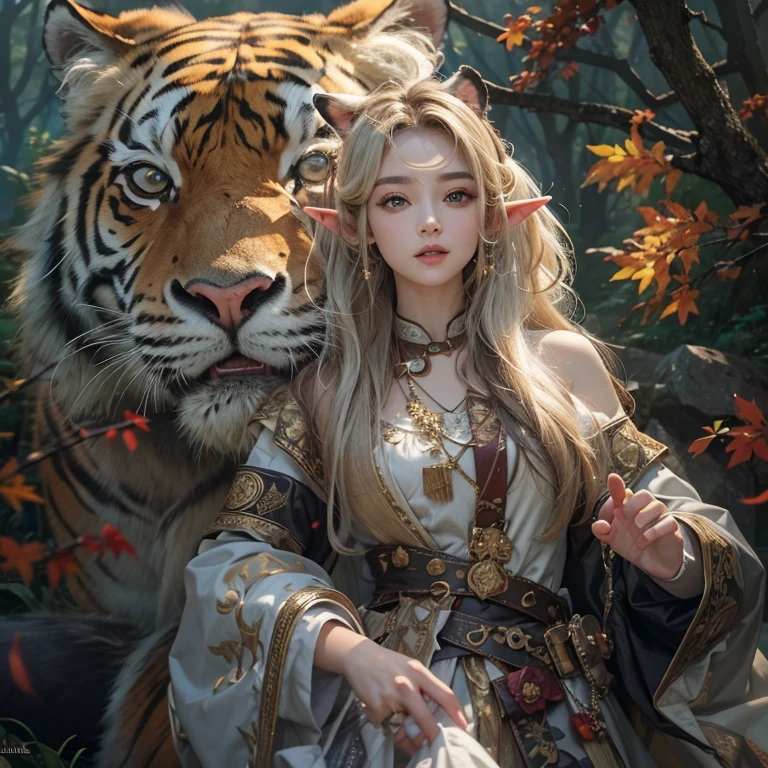 Hair flow、 ((Highest quality、masterpiece、8K、Best image quality、Ultra-high resolution、Award-winning works)、(Accurate anatomy:1.1)、(Look at me and smile:1.1)、Shining fair skin with Ultra-high resolution、The most detailed face、Ultra-high resolution detailed face、Ultra-high resolutionのblond hair、(Ultra-high resolution eye:1.1)、Beautiful face drawn in every detail、Georgian traditional costume , Chest to chest, Strange atmosphere, Next to him stands a real sabre-toothed tiger, Dark Light, in the forest , Heavy makeup、Elf Ears、