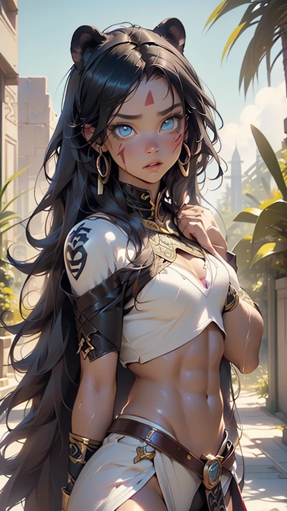 (man:1.5),1 man,male, muscle, (1boy:1.3), muscle, pectoral, muscular,Mature man,
panther man from ancient Egypt,(((panther man,panther male warrior,panther-man))),(macho man:1.2),
(((panther ears,panther ears on head,big panther ears))),(large pectoral:1.4,),(((absurdly long unkept hair,dark hair,black hair,very long hair,voluminous hair,Thick hair,Dense hair,long hair,colored inner hair))),(((blue_eyes:1.3))),intricate eyes,beautiful detailed eyes,symmetrical eyes,(((lustrous skin:1.5,tanned skin,bright skin: 1.5,skin tanned,shiny skin,very shiny skin,shiny body))),((exaggerated muscles,exaggerated shoulders,very muscular and huge)),man chest,handsome face,((((muscular,hairy body,muscular man,tall,big biceps,abs,big thighs,broad shoulders,open chest)))),(((detailed face))),(((square jaw))),(ABS)
,(huge stature,tall stature),
barbarian,viking,nsfw,
(((bare chest,shirtless))),((bulge in loincloth)),(wearing a barbarian outfit:1.3,barbarian clothes),((furry fur on his shoulders)), ((((red war paint all over his body)))),((wet clothes,intricate outfit,intricate clothes)),tribal,
dynamic pose,looking at viewer,angry,centered,scale to fit dimensions,Rule of thirds,
outdoors,(oasis,oasis background),extremely scenery,clouds,Egyptian style,lily pads,palms,reeds,(sunset, golden hour),scenery:1.25,((intricate scenery)),((pillars background,underground palace,egyptian palace background,pyramids in the background))
(Glossy egyptian ornaments),highres,sharp focus,(ultra detailed,extremely detailed),(photorealistic artwork:1.37),(extremely detailed CG unity 8k wallpaper),(((vibrant colors,vibrant theme))),(intricate),(masterpiece),(best quality),artistic photography,(photography taken by sldr),(intricate background),perfect rendered face,perfect face details,realistic face,photo realistic,((intricate detail)),(((realism))),