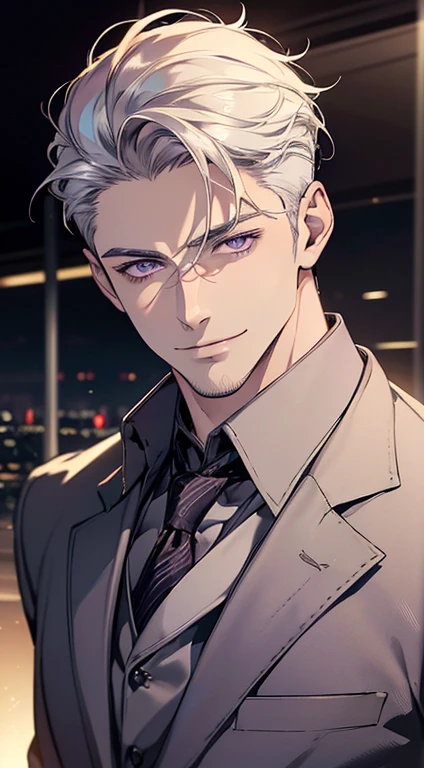 (best quality, masterpiece, 8K, photorealistic, cinematic lighting, hdr image, ultra detailed, beautiful image), 1 man, 31 years old, mature man, very handsome, (without expression, smile), short white hair, purple eyes ( penetrating gaze), perfect face without errors, imposing posture, without errors, businessman, office background