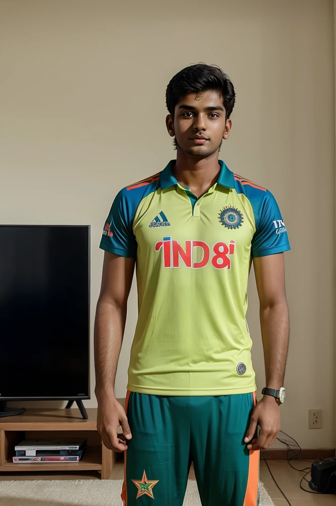 
create a realistic image of 18 year old boy watching India vs Pakistan T20 world Cup on big screen in a  decorated room, boy wearing indian Team jersey on which Name "Harish, 18" is written boldly, create high quality image.