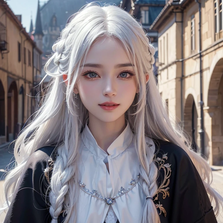 Dark atmosphere,Old European town in the background、White Wolf、 ((Highest quality、masterpiece、8K、Best image quality、Ultra-high resolution、Award-winning works)、(Accurate anatomy:1.1)、(Look at me and smile:1.1)、Shining fair skin with Ultra-high resolution、The most detailed face、Ultra-high resolution detailed face、Short, flowing white hair 、Beautiful face drawn in every detail、(Blurred Background:1.1)、Georgian traditional men&#39;s costume, Small breasts, A real wolf next to a girl 