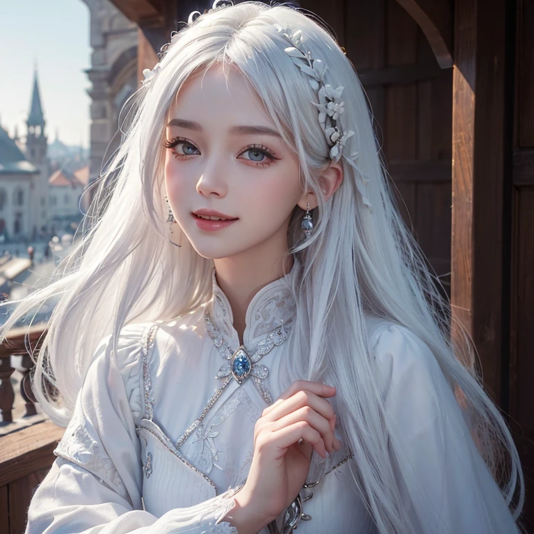 Dark atmosphere,Old European town in the background、White Wolf、 ((Highest quality、masterpiece、8K、Best image quality、Ultra-high resolution、Award-winning works)、(Accurate ???????:1.1)、(Look at me and smile:1.1)、Shining fair skin with Ultra-high resolution、The most detailed face、Ultra-high resolution detailed face、Short, flowing white hair 、Beautiful face drawn in every detail、(Blurred Background:1.1)、Georgian traditional men&#39;s costume, Small breasts, A real wolf next to a girl 