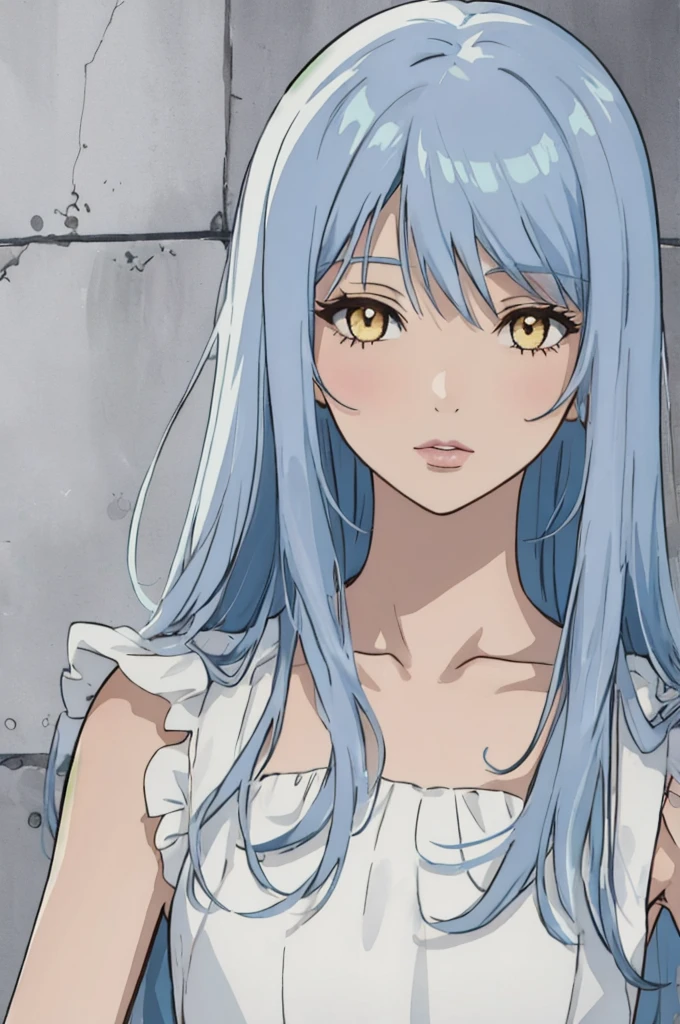 anime style, 1girl, light blue hair, long hair, yellow eyes, white sleeveless dress with lilac accents, lips,, portrait,,