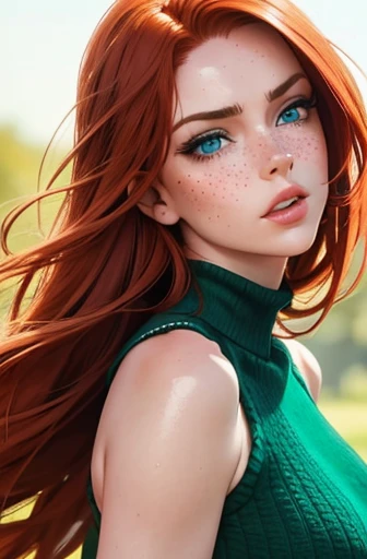 1 Irish woman, extremely beautiful and very legitimate redhead. Extremely slender, with freckles, big bright blue eyes, wearing green sweater falling down showing shoulders, symmetrical body, sensualizing, pouting with orgasmic expression, highly arousing, high quality 32k, UHD, hyper-realistic, cinematic, dynamic close-up above.