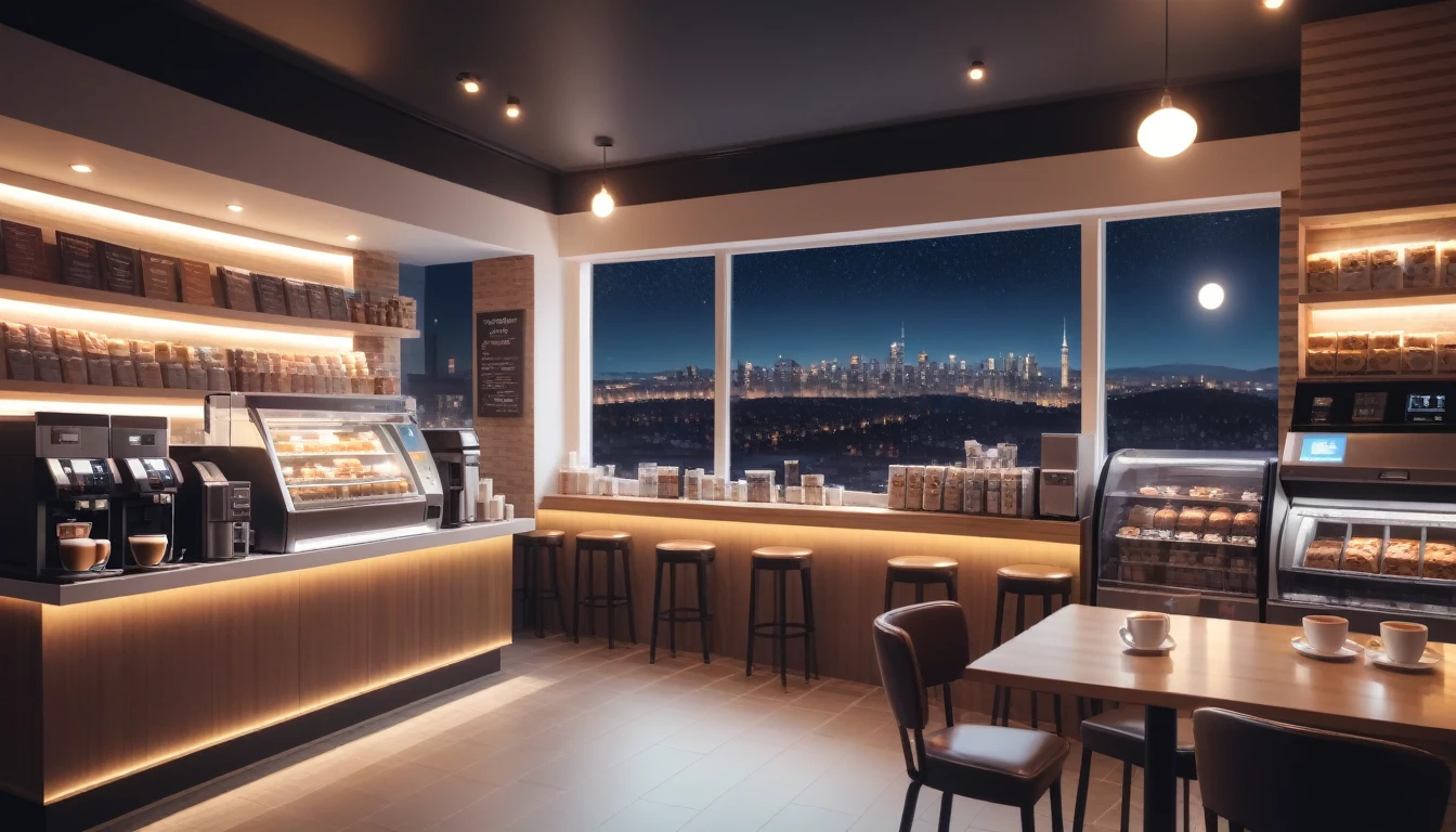 a cozy night time at a coffe interior with cozy lighting and sweets in the shelves. There are coffee cups in the tables. a cash machine and a coffee maker machine in the counter,There is a big window in the middle of the coffeeshop and the outside view is the city at night.