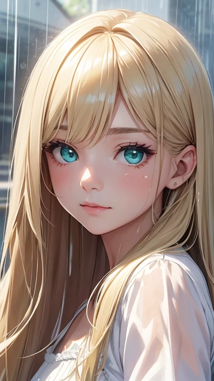 Highest quality、Realistic、girl、zoom、look up、cute、Emerald Eyes、Blonde、Straight hair、Long Hair、Please comb your hair、White blouse、Face close-up、thin、soaked、heavy rain
