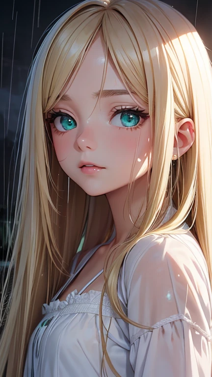 Highest quality、Realistic、girl、zoom、look up、cute、Emerald Eyes、Blonde、Straight hair、Long Hair、Please comb your hair、White blouse、Face close-up、thin、soaked、heavy rain
