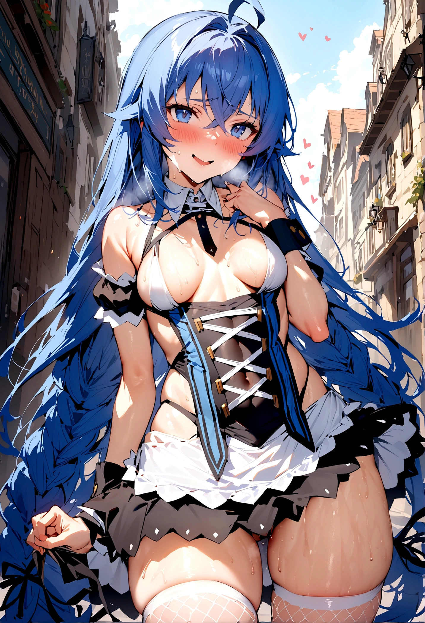 NSFW,masterpiece,Highest quality,High resolution,Super detailed,Roxy Migurdia\(Mushoku Tensei ~If you go to another world, you'll get serious~\),Small breasts,Blue Eyes,Blue Hair,Long Hair,Braid,Twin Blade,(High-quality sexy maid outfit),Micro Mini Skirt,White fishnet stockings,Iron Collar,Embarrassed,sexual excitement,Estrus,blush,smile,Sweat,heart,bustling street,barker