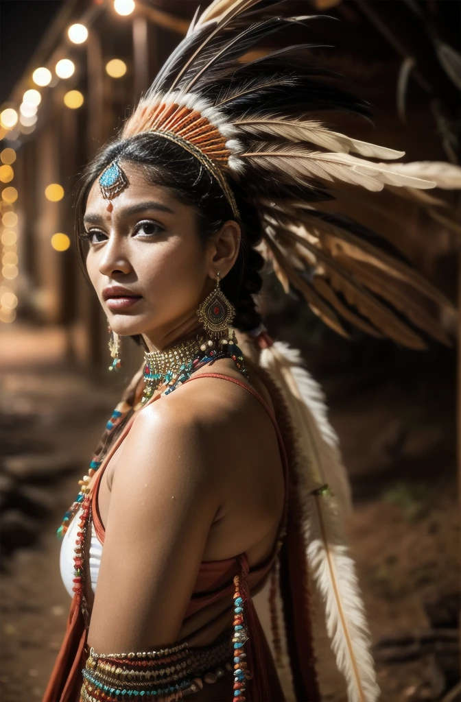 Beautiful Cherokee Indian woman with beautiful terracotta colored headdresses, blackw, doradas, cobre, Pearl, white and beige, feathers made of bright neon of various colors, flares on camera, bokeh, full moon night