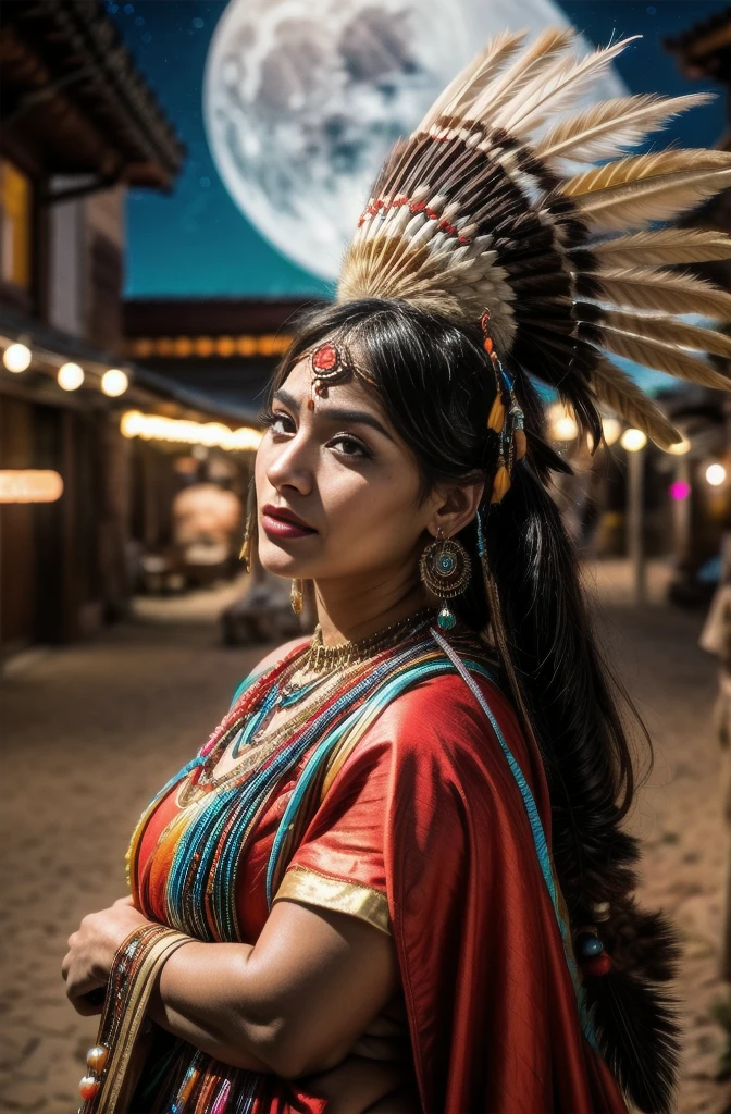 Beautiful Cherokee Indian woman with beautiful terracotta colored headdresses, blackw, doradas, cobre, Pearl, white and beige, feathers made of bright neon of various colors, flares on camera, bokeh, full moon night