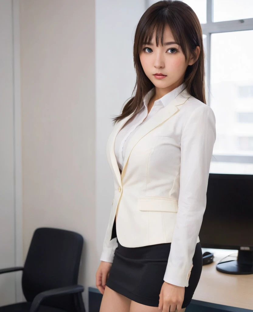 One Girl,Lift up your white shirt ,No pants,Titty fuck,Big Breasts,mini skirt,Embarrassed face,office lady,blazer,black tights,Sweat,Round 1