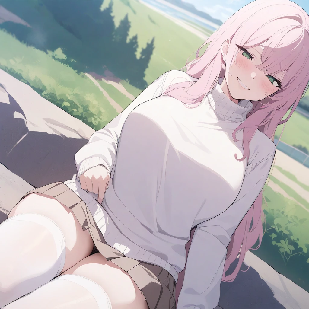 masterpiece, best quality, high quality, beautiful anime character, solo, anime girl with pink hair, messy hair, long hair, green eyes, slightly big breasts, mature female, tall female, big girl, thick, (light smile, smirk, horny, blush), outdoors, (turtleneck sweater, pleated skirt), long sleeves, white thighhighs, sitting, full body,