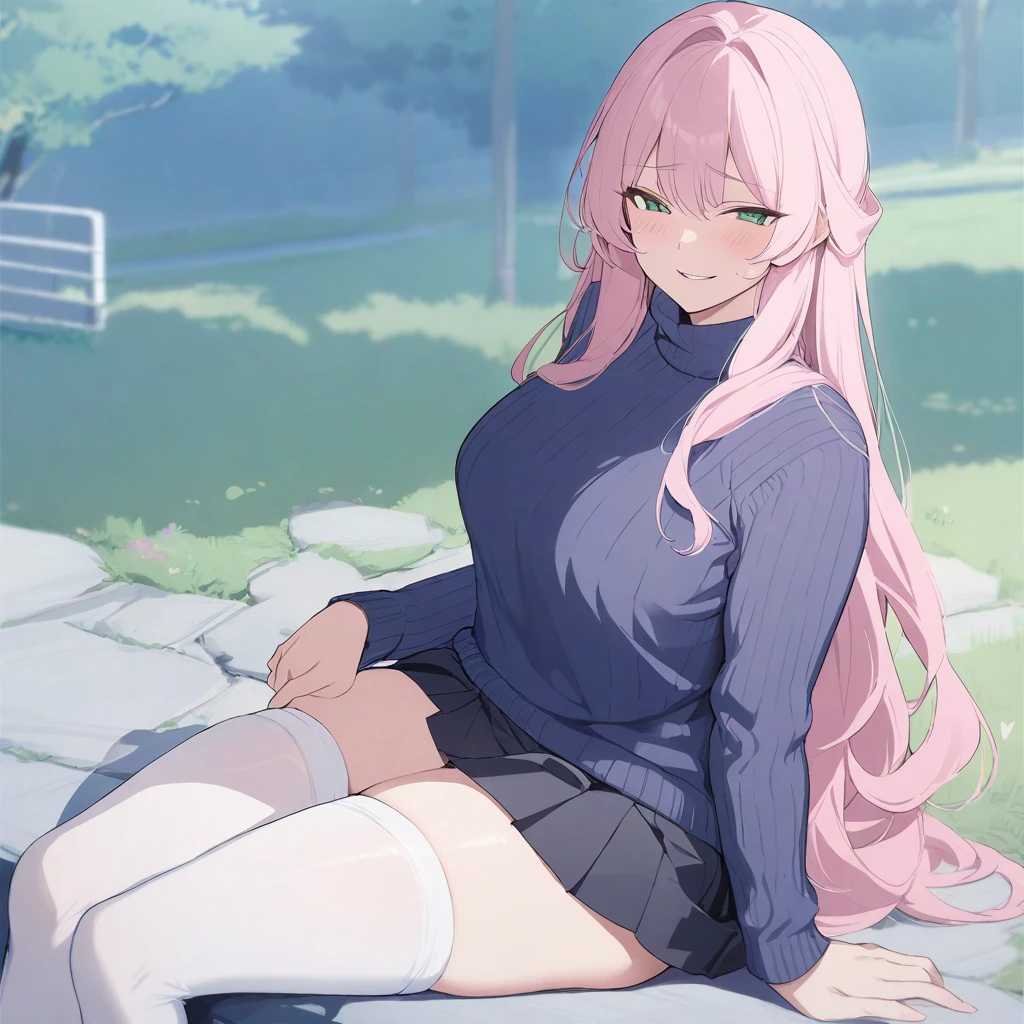 masterpiece, best quality, high quality, beautiful anime character, solo, anime girl with pink hair, messy hair, long hair, green eyes, slightly big breasts, mature female, tall female, big girl, thick, (light smile, smirk, horny, blush), outdoors, (turtleneck sweater, pleated skirt), long sleeves, white thighhighs, sitting, full body, 