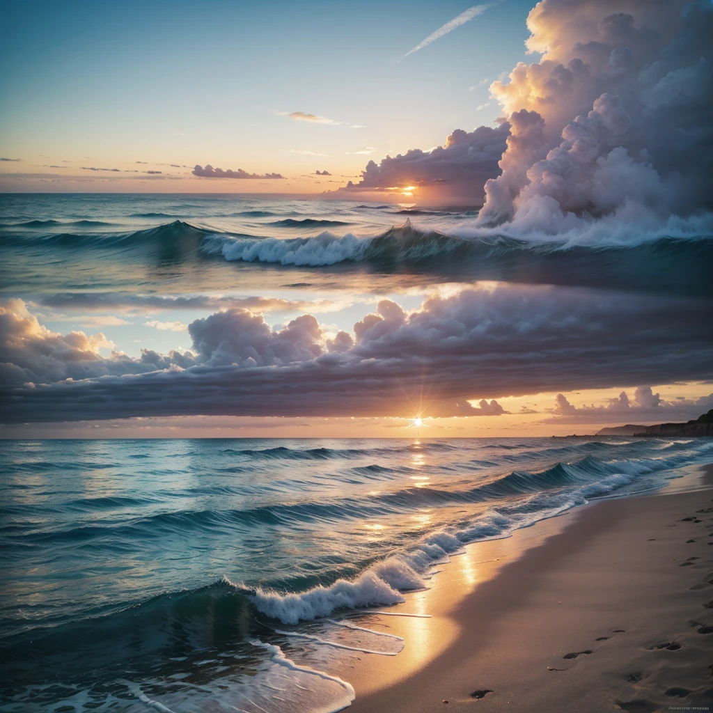 a beautiful blue sea, serene ocean waves, stunning seascape, golden sunlight, fluffy clouds, breathtaking panorama, dramatic sky, tranquil beach, pristine coastline, high resolution, 8k, photorealistic, vibrant colors, natural lighting, cinematic composition, breathtaking scenery, incredible detail, masterpiece, stunning beauty, perfect perspective