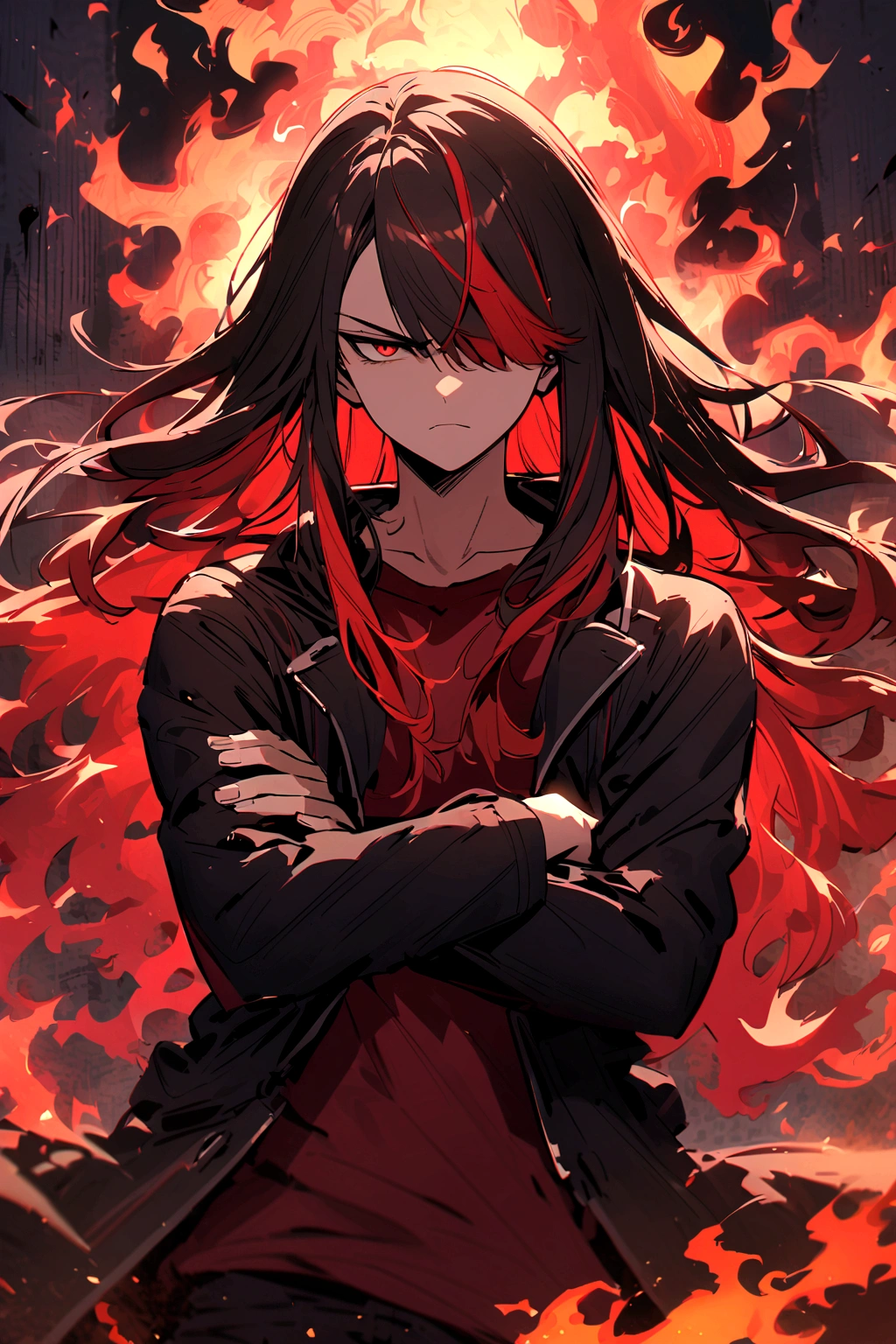 Teenage boy, serious face, tidy hair, long hair, hair with bangs covering the left eye, multicolored black and red hair, crossed arms, dark red shirt, baggy black red coat with details, fiery aura
