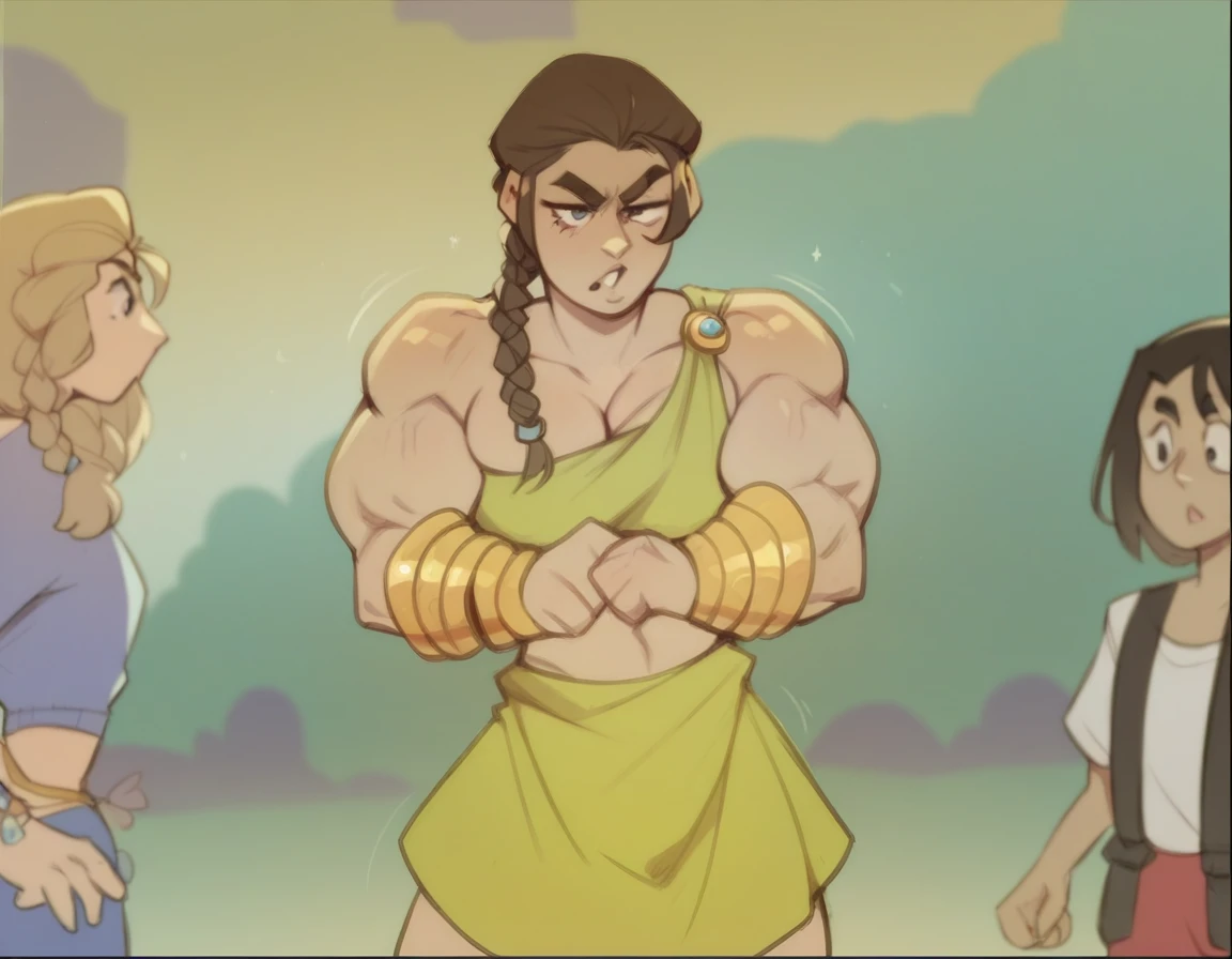 muscle woman with braided brunette hair wearing ancient greek yellow tunic flexing massive muscles wearing yellow metal bracelet, muscle woman, huge muscles, muscle girl, biceps, pecs