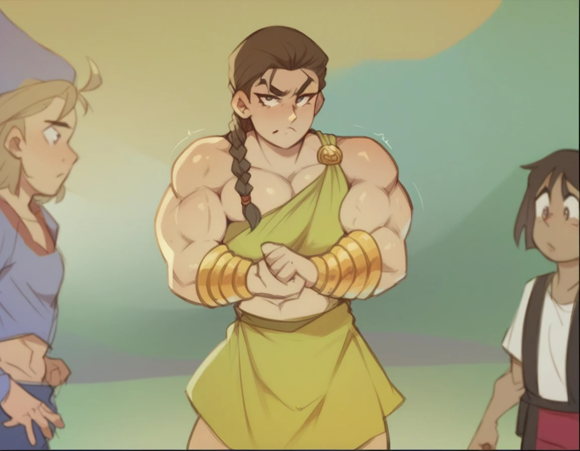 muscle woman with braided brunette hair wearing ancient greek yellow tunic flexing massive muscles wearing yellow metal bracelet, muscle woman, huge muscles, muscle girl, biceps, pecs