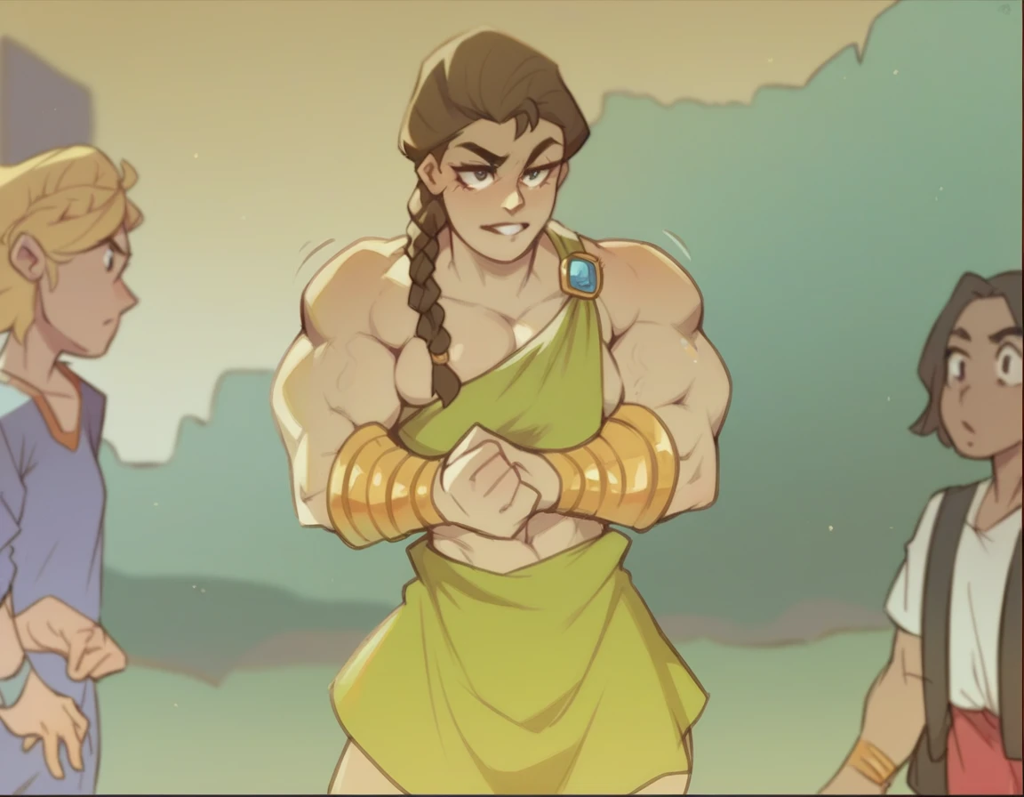 muscle woman with braided brunette hair wearing ancient greek yellow tunic flexing massive muscles wearing yellow metal bracelet, muscle woman, huge muscles, muscle girl, biceps, pecs