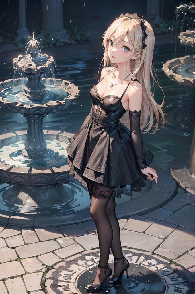 ((Biologically correct limb count))、(( From head to toe、Full-body photo including face))、4K、((Standing position))、masterpiece、((Focus on the face))、((Symmetrical facial features))、Eyes with detailed description、Beautiful woman、Great style、Beautiful arms、Beautiful legs、Beautiful Hands、(Small Ass、Thin thighs)、Facial detailing、Small earrings、necklace、(White see-through gothic dress、((High heels、Patterned black stockings)))、((Standing in front of a fountain in a park, looking up))、(((Letters are falling from the sky)))、Close-up photo of the upper body、Lace gloves、Blonde、rain