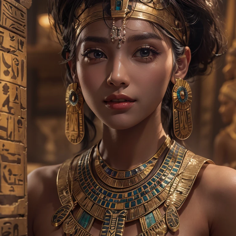 Standing in an ancient Egyptian cave、Blowing hair 、 ((Highest quality、masterpiece、8K、Best image quality、Ultra-high resolution、Award-winning works)、(Accurate anatomy:1.1)、(Look at me and smile:1.0)、Shining fair skin with Ultra-high resolution、The most detailed face、Ultra-high resolution detailed face、Ultra-high resolutionの髪の毛、(Ultra-high resolution eye:1.1)、Beautiful face drawn in every detail、Ancient Egyptian costumes, Chest to chest, Dark atmosphere,Dark Light, Ancient Egyptian makeup,