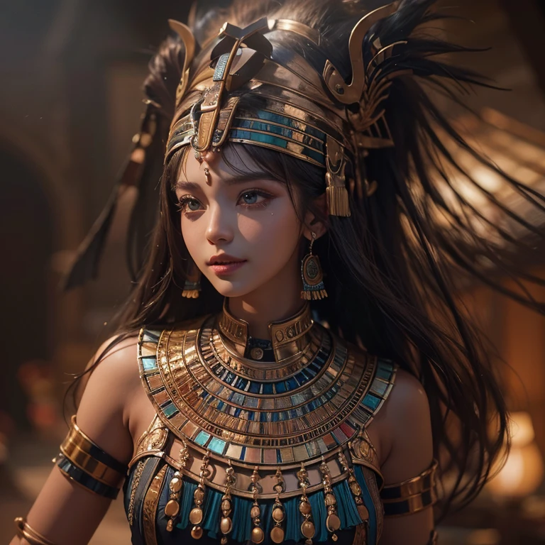 Standing in an ancient Egyptian cave、Blowing hair 、 ((Highest quality、masterpiece、8K、Best image quality、Ultra-high resolution、Award-winning works)、(Accurate anatomy:1.1)、(Look at me and smile:1.0)、Shining fair skin with Ultra-high resolution、The most detailed face、Ultra-high resolution detailed face、Ultra-high resolutionの髪の毛、(Ultra-high resolution eye:1.1)、Beautiful face drawn in every detail、Ancient Egyptian costumes, Chest to chest, Dark atmosphere,Dark Light, Ancient Egyptian makeup,
