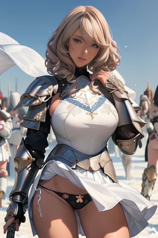 Very beautiful woman、Slender women、(Detailed face)、Realistic Skin、((Holy Knight)), ((Pearl White Armor))、((((A black armor with extremely detailed and intricate decoration.:1.1))))、((Delicate photo)),(Girl Astepeace RAW Photo Details:1.25), (Highest quality:1.6), (Ultra-high resolution:1.5), (Realistic:1.75), 8K resolution, Canon EOS R5, 50mm, Absurd, Super detailed,Cinema Lighting,((Fightfield))、((Fight))、(((White skirt with embellishments)))、Thigh-high socks、Shingard、((blonde))、((Curly Hair))、((Drill Hair))、((Short hair with bangs and wavy hair,))、Get a six pack、Cape、Beautiful Armor、(((Has a huge weapon)))、(In combat)、The wind is blowing、((Symmetrical armor))、((((Blizzard))))、(((Lead a large group of knights:1.2)))、banner、(((Battle Scenes)))、((Browsing Caution:1.2))、(((I can see her panties:1.4)))、、((Skirt lift in the wind))