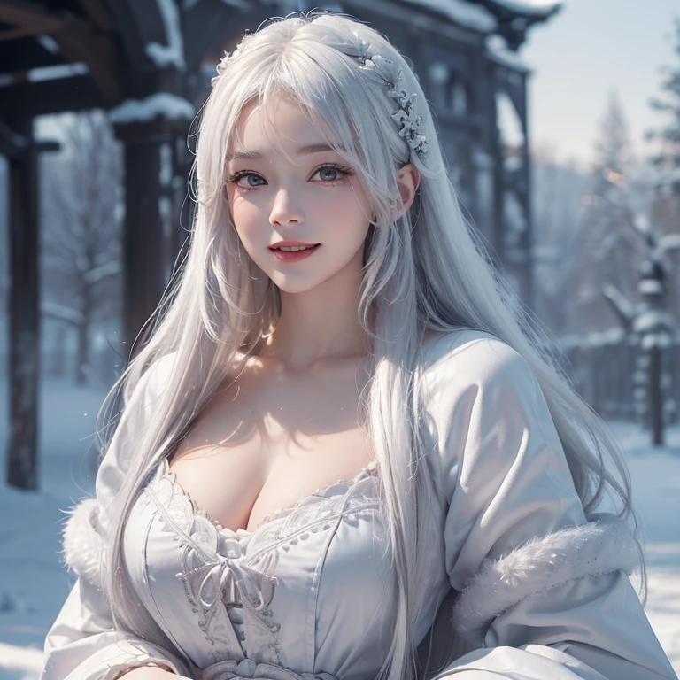 Heavy snowfall,Snowy mountains、White Wolf、 ((Highest quality、masterpiece、8K、Best image quality、Ultra-high resolution、Award-winning works)、(Accurate anatomy:1.1)、(Look at me and smile:1.1)、Shining fair skin with Ultra-high resolution、The most detailed face、Ultra-high resolution detailed face、Short, flowing white hair 、Beautiful face drawn in every detail、(Blurred Background:1.1)、A traditional Russian costume in which the chest is completely covered with fur,A real werewolf next to a girl 