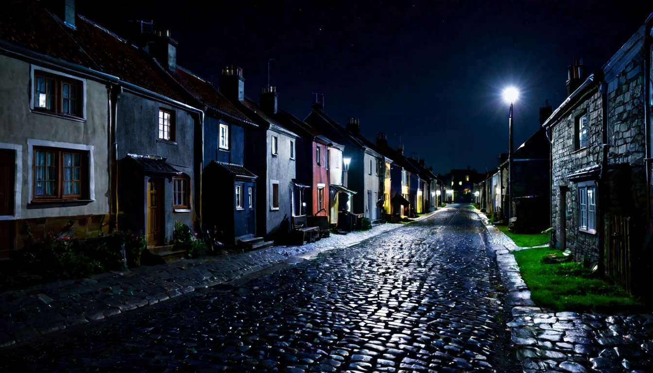 awakened street, several houses, dark night